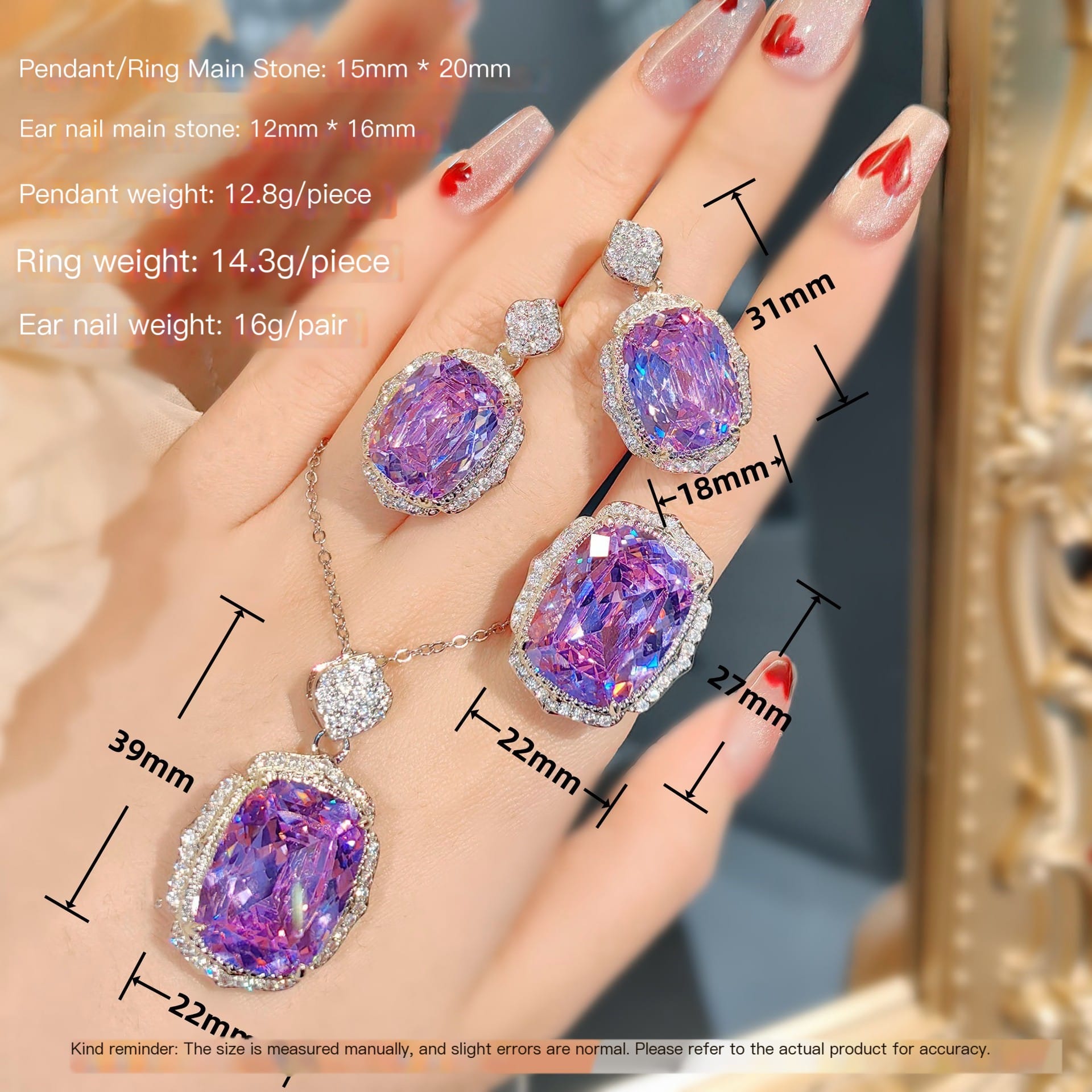 Purple oblong ice cut set set with high carbon diamond purple diamond necklace color jewel earrings ring - Image 6